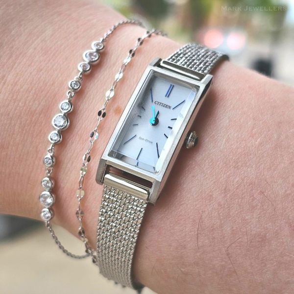 Ladies' Eco-Drive Silvertone Rectangular Watch Image 3 Mark Jewellers La Crosse, WI