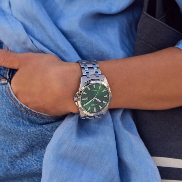 Gents' Eco-Drive Silvertone Green Dial Watch Image 3 Mark Jewellers La Crosse, WI