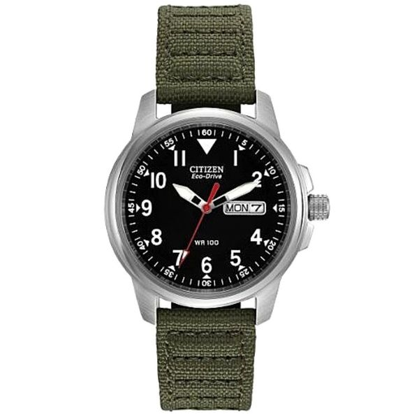 Gents' Eco-Drive Silvertone Black Dial Green Strap Watch Mark Jewellers La Crosse, WI