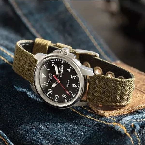Gents' Eco-Drive Silvertone Black Dial Green Strap Watch Image 3 Mark Jewellers La Crosse, WI