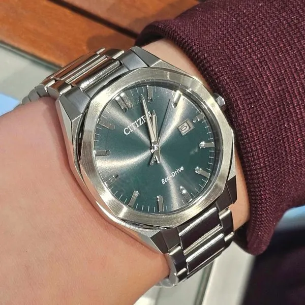 Gents' Eco-Drive Silvertone Green Dial Watch Image 3 Mark Jewellers La Crosse, WI