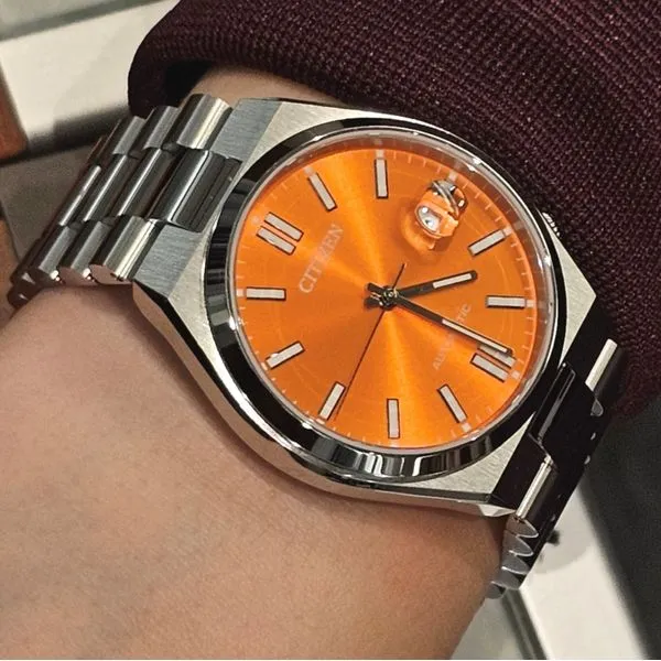 Gents' Automatic Silvertone Orange Dial Watch Image 3 Mark Jewellers La Crosse, WI