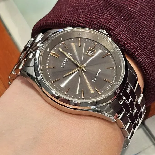 Gents' Eco-Drive Silvertone Black Dial Watch Image 3 Mark Jewellers La Crosse, WI