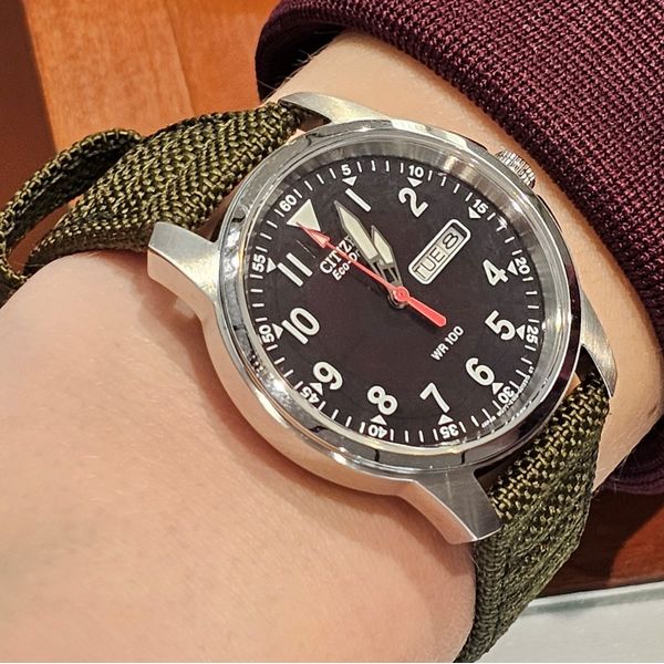 Gents' Eco-Drive Silvertone Black Dial Green Strap Watch Image 3 Mark Jewellers La Crosse, WI