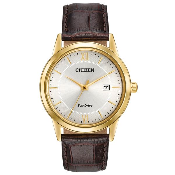 Gents' Eco-Drive Goldtone Leather Band Watch Mark Jewellers La Crosse, WI