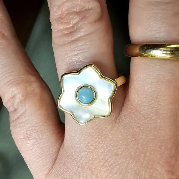 Gold-Plated Sterling Larimar Mother-of-Pearl Flower Ring Image 3 Mark Jewellers La Crosse, WI