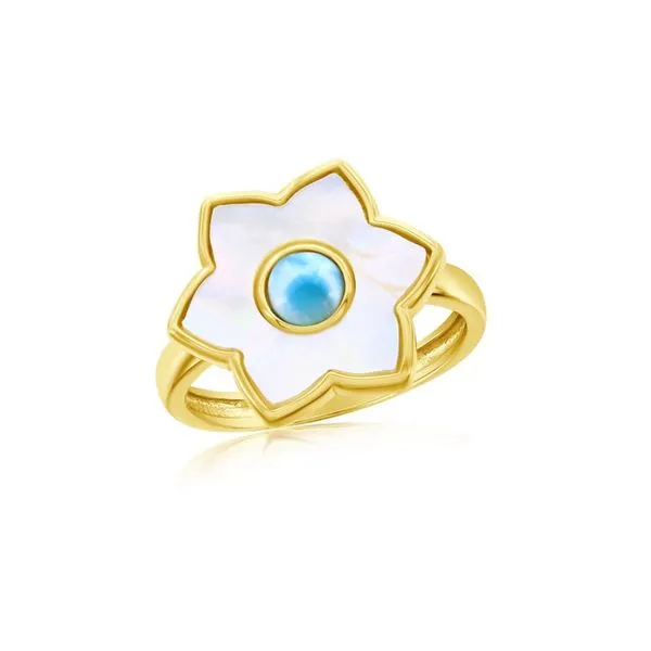 Gold-Plated Sterling Larimar Mother-of-Pearl Flower Ring Mark Jewellers La Crosse, WI