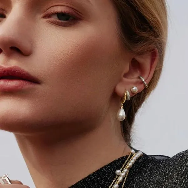 Gold-Plated Sterling CZ Double Hoop Pearl Drop Earrings Image 3 Mark Jewellers La Crosse, WI