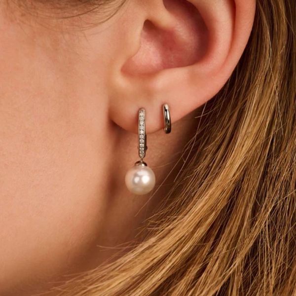 Sterling CZ Shell Pearl Drop Hoop Earrings Image 2 Mark Jewellers La Crosse, WI