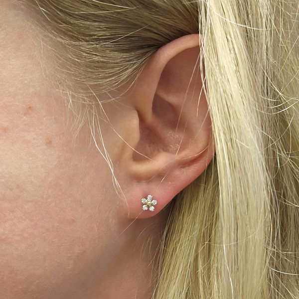Gold-Plated Sterling Diamond Flower Stud Earrings Image 3 Mark Jewellers La Crosse, WI
