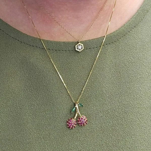 Estate Yellow Gold Red & Green Stone Cherry Pendant Image 3 Mark Jewellers La Crosse, WI