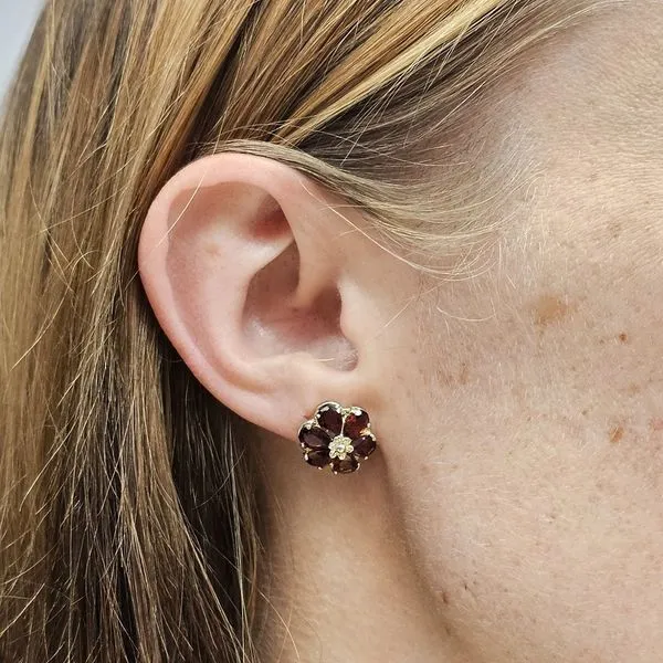 Estate Yellow Gold Garnet Flower Earrings Image 2 Mark Jewellers La Crosse, WI
