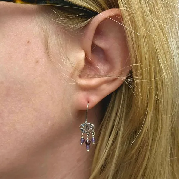 Estate Sterling Filigree Purple & Red Bead Drop Earrings Image 3 Mark Jewellers La Crosse, WI
