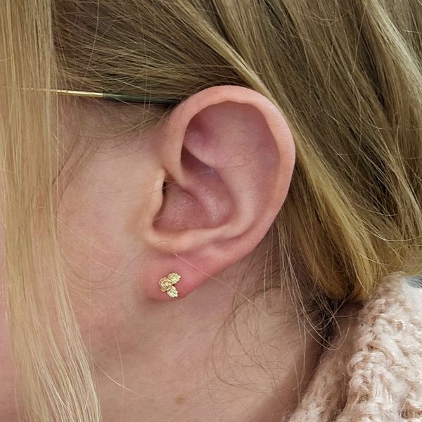 Estate Tri-Color Gold Rose & Leaf Stud Earrings Image 2 Mark Jewellers La Crosse, WI