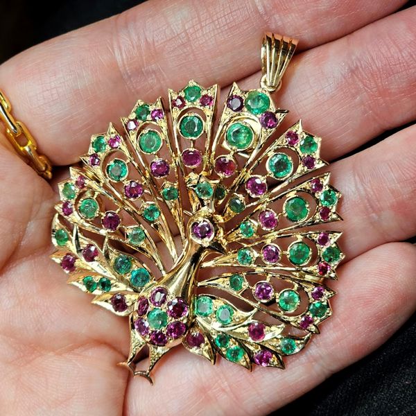 Estate Yellow Gold Gemstone Peacock Pin / Pendant Image 3 Mark Jewellers La Crosse, WI