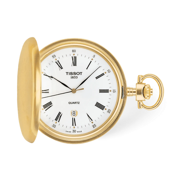 Tissot Savonnette Pocket Watch Goldtone w/ chain White dial - Quartz McGee & Company Fine Jewelers Greenwood, IN