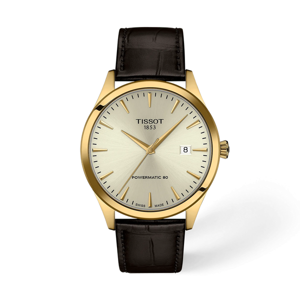 Tissot Classic Dream Powermatic 80 Ivory dial Goldtone case on Brown strap w/ Date 40mm McGee & Company Fine Jewelers Greenwood, IN