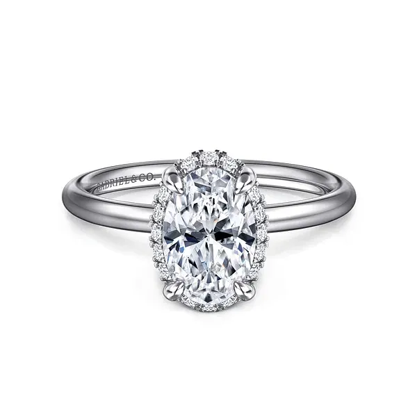 Seattle - 14K White Gold Oval Hidden Halo Diamond and 1 7mm Plain Shank Mees Jewelry Chillicothe, OH