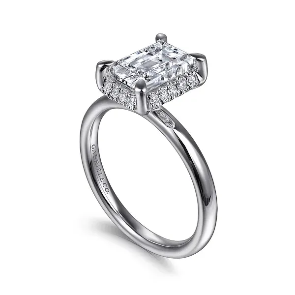 Symphony - 14K White Gold Emerald Cut Hidden Halo Diamond and 2 2mm Plain Shank Image 3 Mees Jewelry Chillicothe, OH