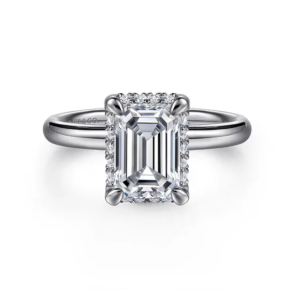 Symphony - 14K White Gold Emerald Cut Hidden Halo Diamond and 2 2mm Plain Shank Mees Jewelry Chillicothe, OH