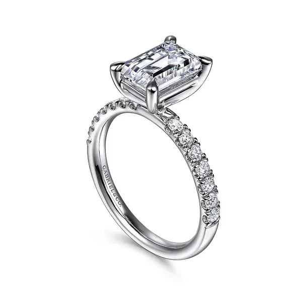 Winslow - 14K White Gold Emerald Cut Plain Head and 2 2mm Shank 1 2 way around pave Shank Image 2 Mees Jewelry Chillicothe, OH