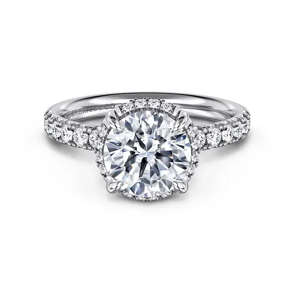 Talisa - 14K White Gold Round Hidden Halo Diamond and 2 2mm Shank 1 2 way around pave Shank Mees Jewelry Chillicothe, OH