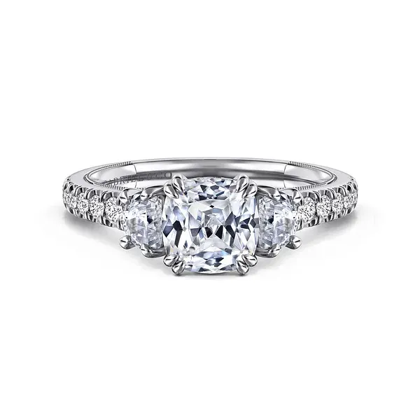Aloise - 14K White Gold Cushion Cut Three Stone Diamond Engagement Ring Mees Jewelry Chillicothe, OH
