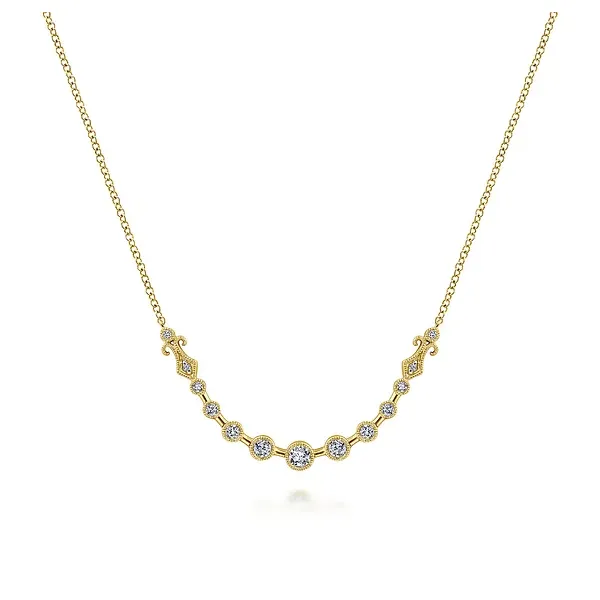 14K Yellow Gold Milgrain Bezel Set Diamond Curved Bar Necklace Mees Jewelry Chillicothe, OH