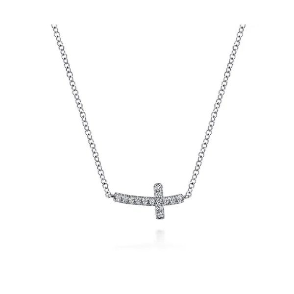 14K White Gold Sideways Curved Diamond Cross Necklace Mees Jewelry Chillicothe, OH