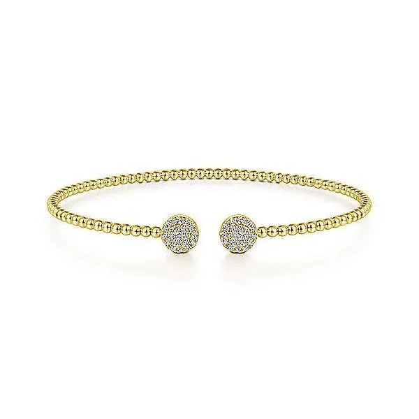 14K Yellow Gold Bujukan Bead Split Cuff Bracelet with Round Pavé Diamond Discs Mees Jewelry Chillicothe, OH