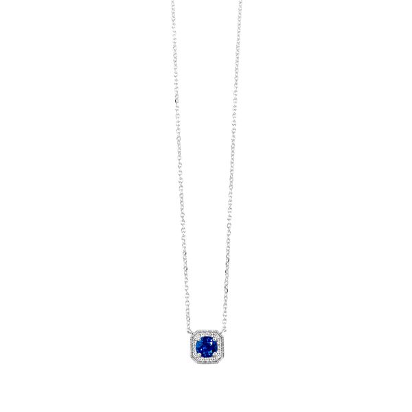 10kt White Gold Diamond and created Sapphire Pendant Mees Jewelry Chillicothe, OH