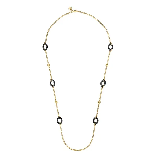 Ceramic - 14K Yellow Gold Bujukan and Black Oval Ceramic Link Station Necklace Mees Jewelry Chillicothe, OH