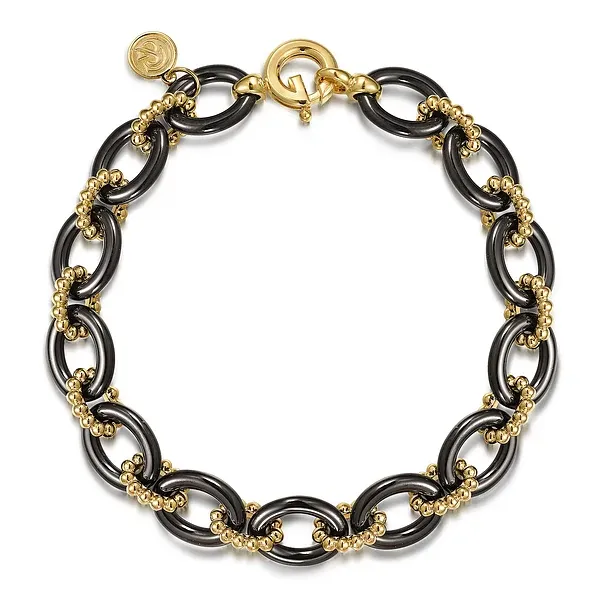Ceramic - 14K Yellow Gold Bujukan and Black Oval Ceramic Link Bracelet Mees Jewelry Chillicothe, OH