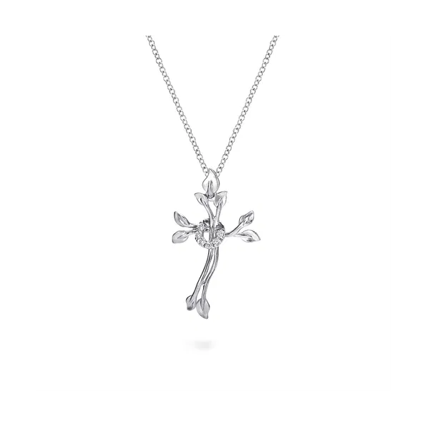 18 inch 925 Sterling Silver Twisted Wreath Cross Pendant with Diamond and Leaf Accents Mees Jewelry Chillicothe, OH