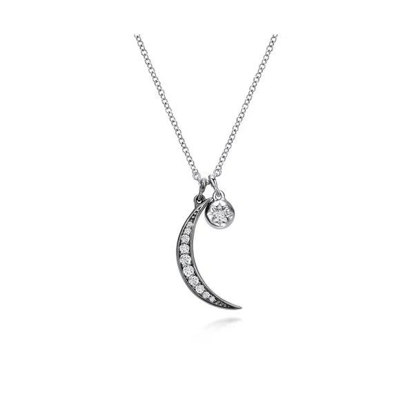 925 Sterling Silver Star and Black Rhodiumed Moon Charm Necklace with White Sapphire Mees Jewelry Chillicothe, OH