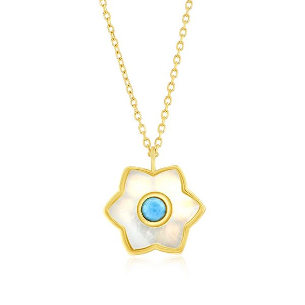 Sterling Silver, Larimar & MOP Flower Necklace - Gold Plated Mees Jewelry Chillicothe, OH