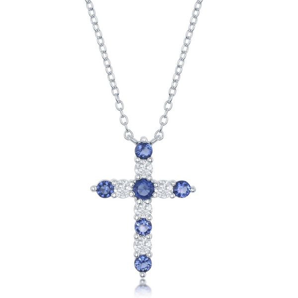 Sterling Silver, Sapphire CZ 'September Birthstone' Cross Necklace Mees Jewelry Chillicothe, OH