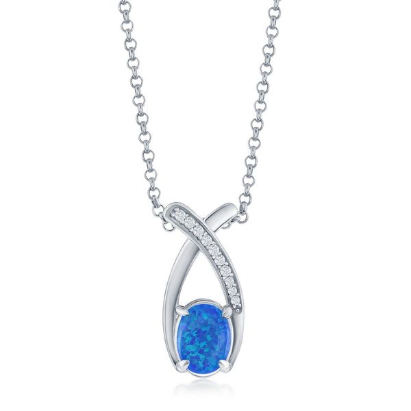 Sterling Silver, Oval Blue Opal with CZ Pendant Mees Jewelry Chillicothe, OH