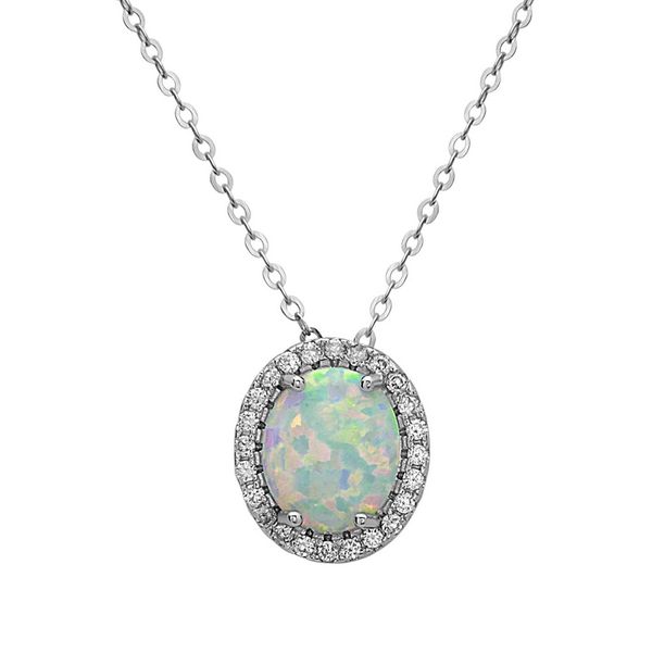 Sterling Silver White Inlay Opal Oval with CZ Border Pendant Mees Jewelry Chillicothe, OH