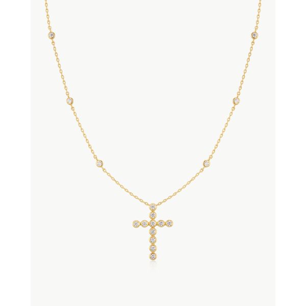 925 Sterling Silver with 14kt Gold Plating Bezel-Set Station Necklace with Cross Pendant Mees Jewelry Chillicothe, OH