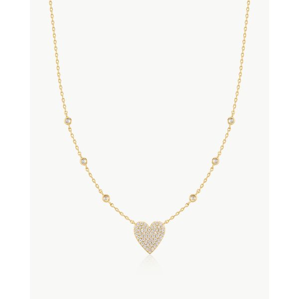 925 Sterling Silver with 14kt Gold Plating Pavé Heart with Bezel Station Necklace Mees Jewelry Chillicothe, OH