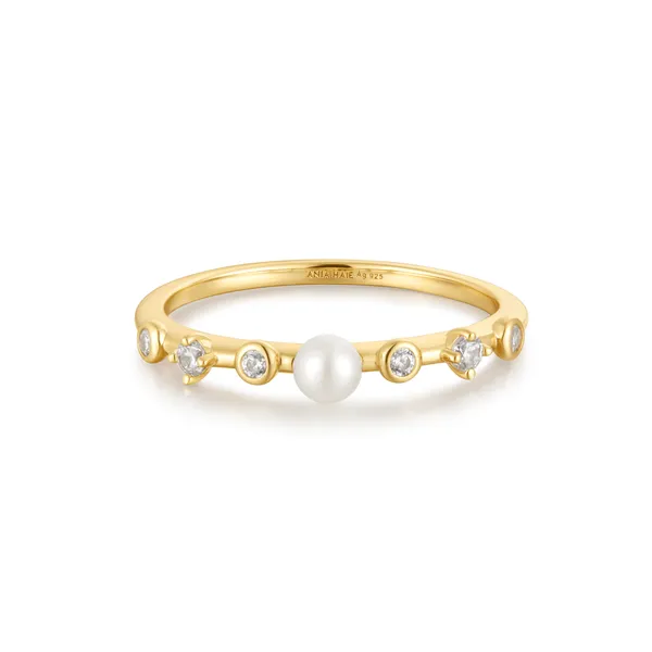 Gold Freshwater Pearl and White Cubic Zirconia Bezel Set Ring Mees Jewelry Chillicothe, OH