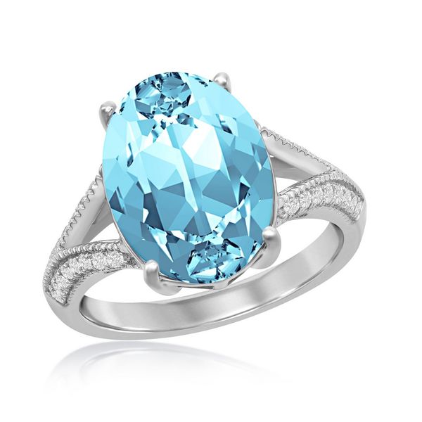 Sterling Silver 14x10mm Oval w/ CZ Open Shank - Aqua Swarovski Element Ring Mees Jewelry Chillicothe, OH