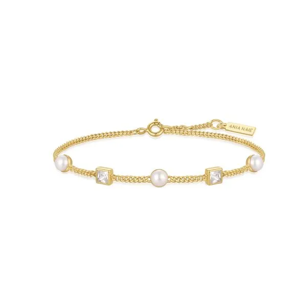 Sterling Silver Gold-plated Bezel-Set Cube and Pearl Station Bracelet Mees Jewelry Chillicothe, OH
