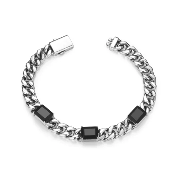 Links Genuine Black Sapphire Cuban Chain Station Bracelet in Oxidized Rhodium-Plated Sterling Silver Mees Jewelry Chillicothe, OH