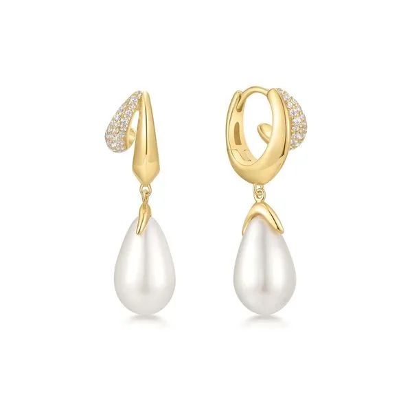 Gold Sparkling Duet Mixed Shell Pearl Drop Huggie Hoop Earrings Mees Jewelry Chillicothe, OH