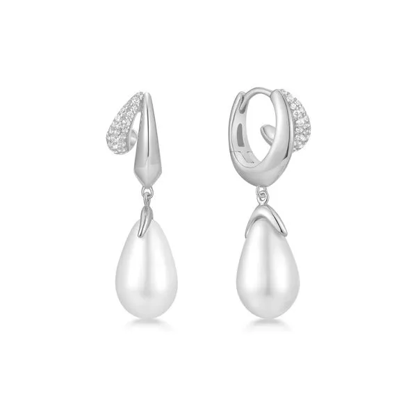 Silver Sparkling Duet Mixed Shell Pearl Drop Huggie Hoop Earrings Mees Jewelry Chillicothe, OH