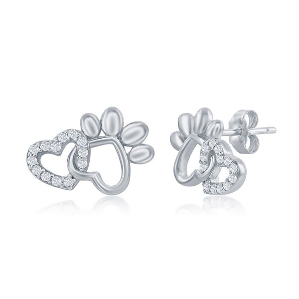 Sterling Silver, CZ Heart & Paw Print Stud Earrings Mees Jewelry Chillicothe, OH