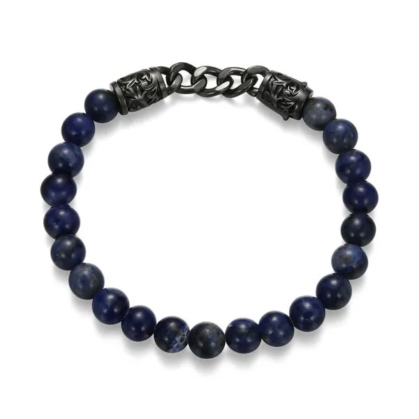 Dark Reign Chisel Rondelle Cuban Chain Sodalite Beaded Bracelet in Gunmetal-Plated Sterling Silver Mees Jewelry Chillicothe, OH