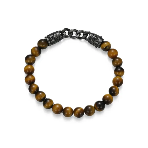 Dark Reign Chisel Rondelle Cuban Chain Tiger's Eye Beaded Bracelet in Gunmetal-Plated Sterling Silver Mees Jewelry Chillicothe, OH